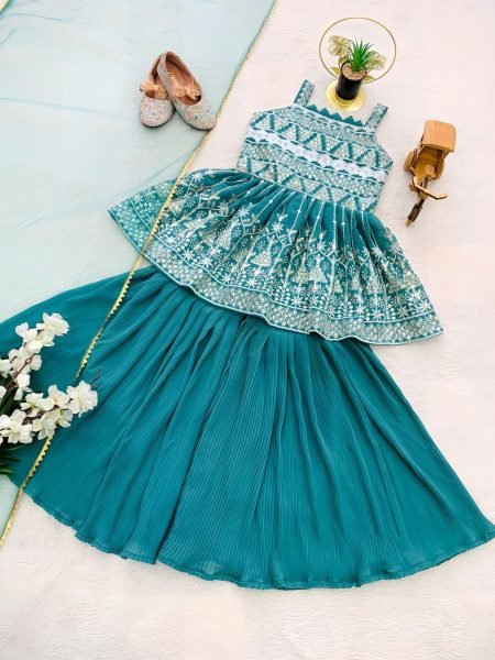 stylish kids ethnic set with embroidered top, plazzo & fancy dupatta festive ready outfit Girls Wear