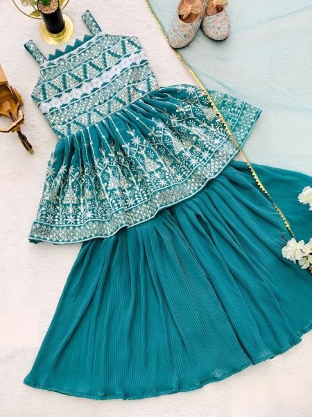 stylish kids ethnic set with embroidered top, plazzo & fancy dupatta festive ready outfit Girls Wear