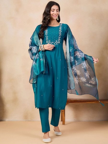 Stylish Kurti Set in Petrol color With  Viscose Chanderi Premium Fabric Embroidery Kurtis 