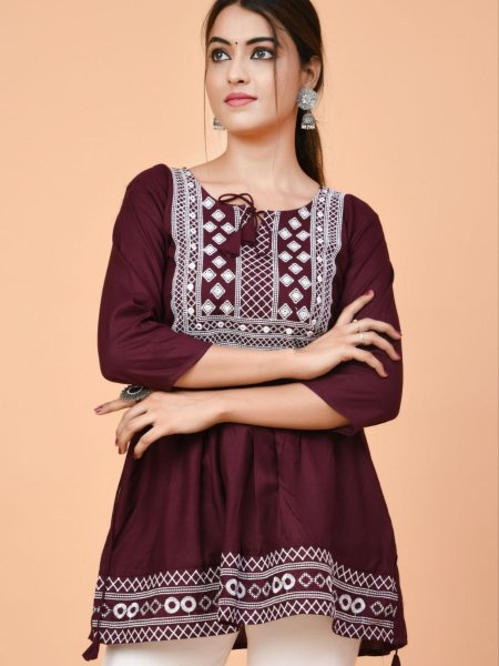 Stylish Maroon Color Dori Neck Rayon Tops with Beautiful Embroidery Work Kurtis