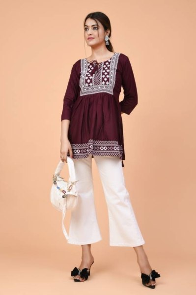 Stylish Maroon Color Dori Neck Rayon Tops with Beautiful Embroidery Work Embroidery Kurtis 