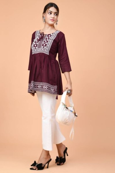 Stylish Maroon Color Dori Neck Rayon Tops with Beautiful Embroidery Work Embroidery Kurtis 