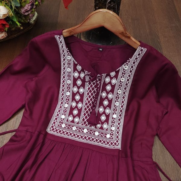 Stylish Maroon Color Dori Neck Rayon Tops with Beautiful Embroidery Work Embroidery Kurtis 