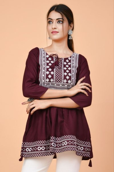 Stylish Maroon Color Dori Neck Rayon Tops with Beautiful Embroidery Work Embroidery Kurtis 