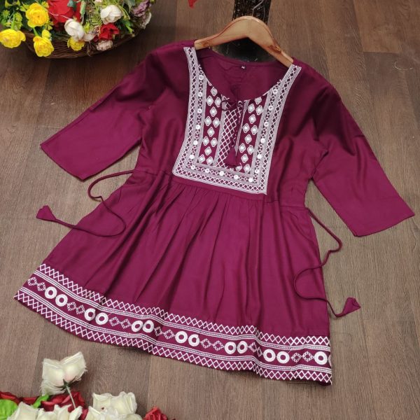 Stylish Maroon Color Dori Neck Rayon Tops with Beautiful Embroidery Work Embroidery Kurtis 