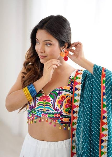 Stylish Multicolor Readymade Navratri Outfit With Gamthi Thread Embroidery Work Navratri Lehnega Choli