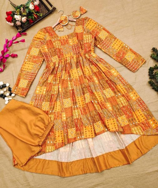 Stylish Mustard Yellow Muslin Kurti With Pant  Kurti With Bottom Wholesale