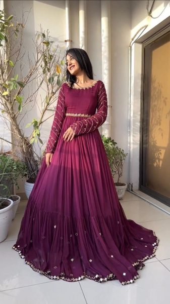Stylish New Faux Georgette Gown   Dupatta With Embroidery Work  Ready To Wear Collection