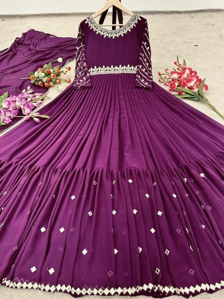 Stylish New Faux Georgette Gown   Dupatta With Embroidery Work  Ready To Wear Collection