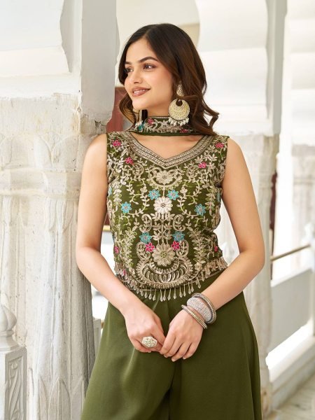 Stylish Olive Palazzo Set with Sequence Blouse & Dupatta Elegant Wear for Functions Ready To Wear Collection