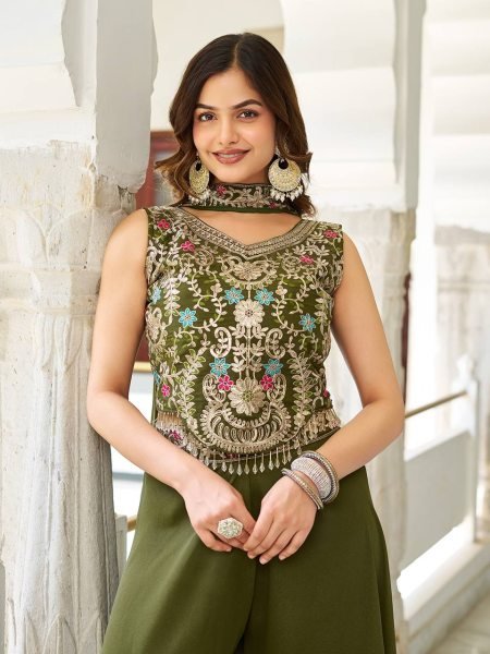 Stylish Olive Palazzo Set with Sequence Blouse & Dupatta Elegant Wear for Functions Ready To Wear Collection