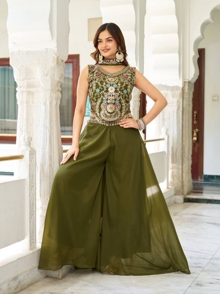 Stylish Olive Palazzo Set with Sequence Blouse & Dupatta Elegant Wear for Functions Ready To Wear Collection
