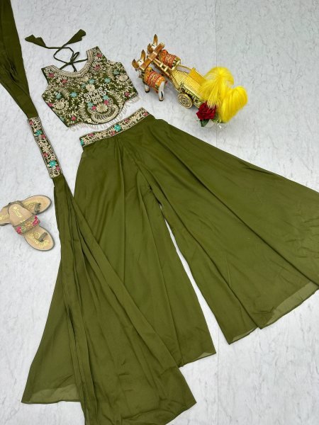 Stylish Olive Palazzo Set with Sequence Blouse & Dupatta Elegant Wear for Functions Ready To Wear Collection