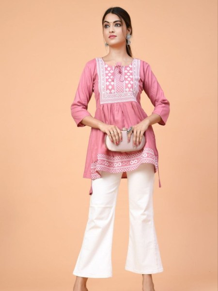 Stylish Pink Color Dori Neck Rayon Tops with Beautiful Embroidery Work Kurtis