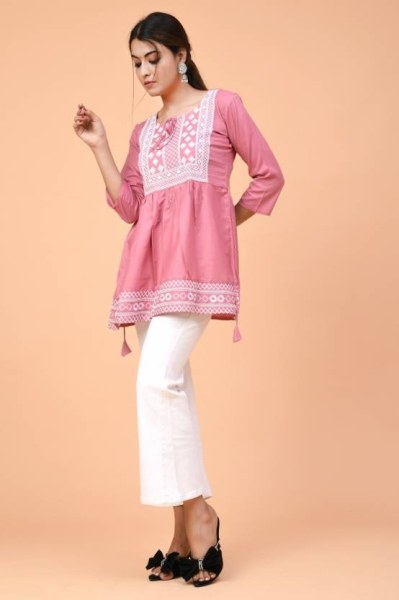 Stylish Pink Color Dori Neck Rayon Tops with Beautiful Embroidery Work Embroidery Kurtis 