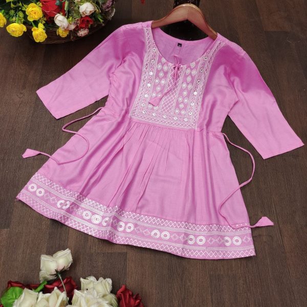 Stylish Pink Color Dori Neck Rayon Tops with Beautiful Embroidery Work Embroidery Kurtis 