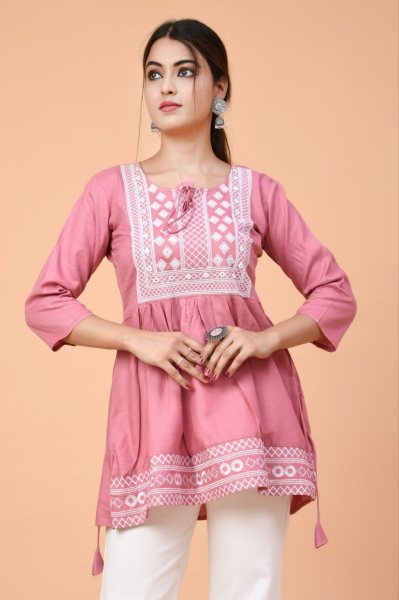 Stylish Pink Color Dori Neck Rayon Tops with Beautiful Embroidery Work Embroidery Kurtis 