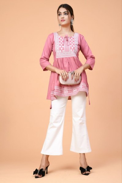 Stylish Pink Color Dori Neck Rayon Tops with Beautiful Embroidery Work Embroidery Kurtis 