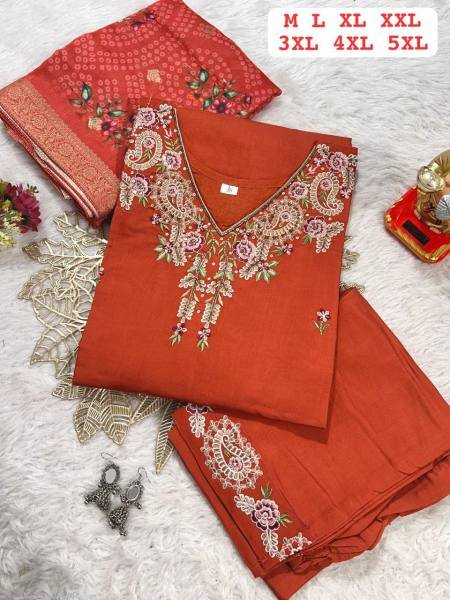 Stylish Plus Size Embroidered Muslin Kurti with Jacquard Dupatta At Best Rate 3 Piece Kurti Set