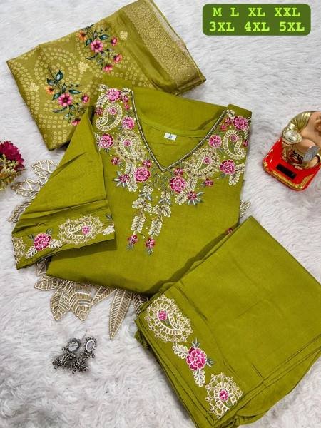Stylish Plus Size Embroidered Muslin Kurti with Jacquard Dupatta At Best Rate 3 Piece Kurti Set