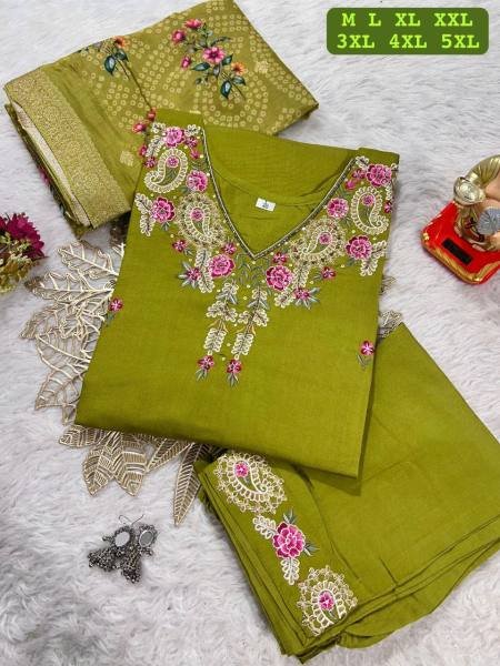 Stylish Plus Size Embroidered Muslin Kurti with Jacquard Dupatta At Best Rate 3 Piece Kurti Set