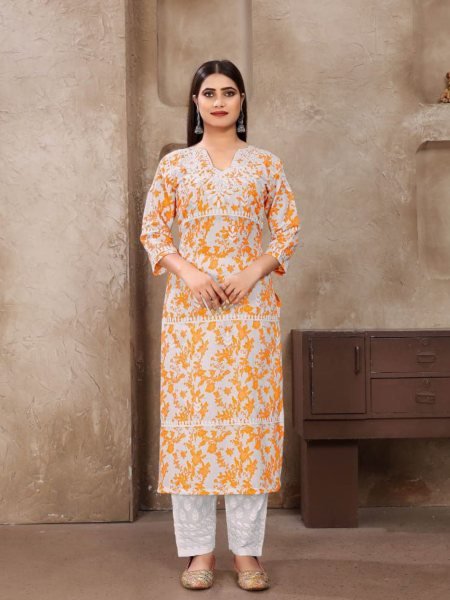 Stylish Pure Cotton Chikankari Kurta Pant Set Best Export Quality Dailywear 