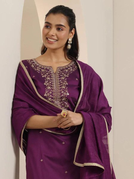 Stylish Purple Embroidered Roman Silk Kurta Pant with Dupatta Party Ready to Wear Set