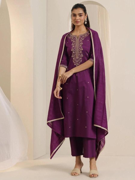 Stylish Purple Embroidered Roman Silk Kurta Pant with Dupatta Party Ready to Wear Set 3 Piece Kurti Set