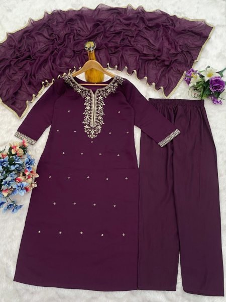 Stylish Purple Embroidered Roman Silk Kurta Pant with Dupatta Party Ready to Wear Set 3 Piece Kurti Set