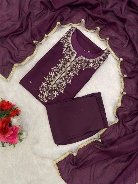 Stylish Purple Embroidered Roman Silk Kurta Pant with Dupatta Party Ready to Wear Set 3 Piece Kurti Set