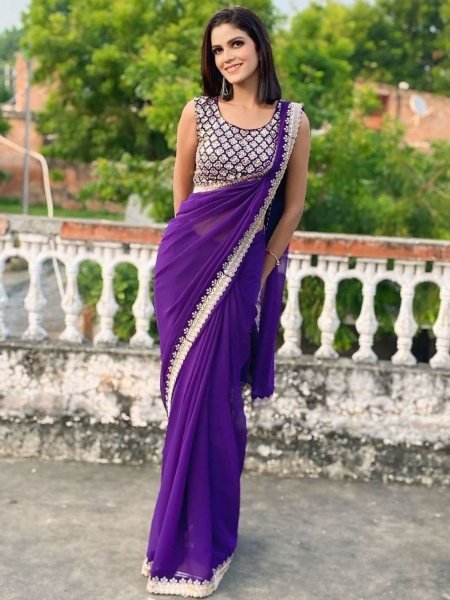 Stylish Purple Georgette Party Wear Saree with Full Embroidery Sequence Designer Saree for Women at Best Wholesale Price 