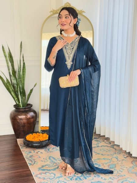 Stylish Rayon Embroidered Straight Kurti Set for Casual & Festive Wear 3 Piece Kurti Set