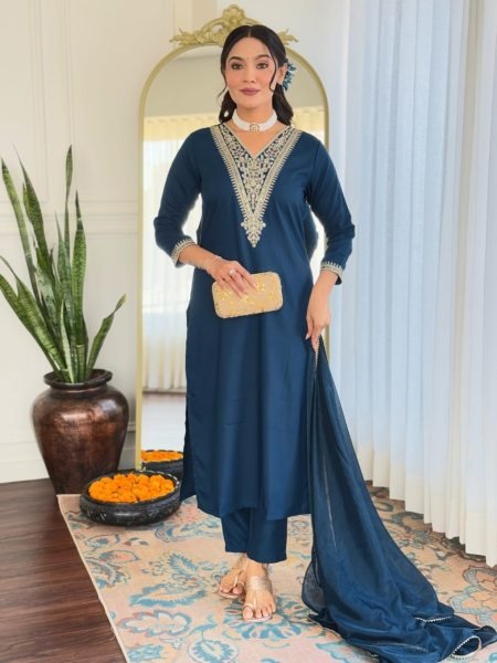 Stylish Rayon Embroidered Straight Kurti Set for Casual & Festive Wear 3 Piece Kurti Set
