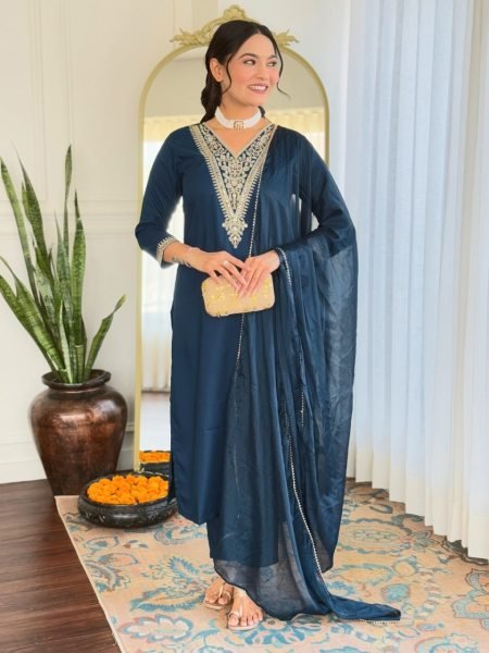 Stylish Rayon Embroidered Straight Kurti Set for Casual & Festive Wear 3 Piece Kurti Set