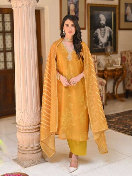 Stylish Rayon Orange Kurti with Gadhwal Pants   Tebby Silk Dupatta