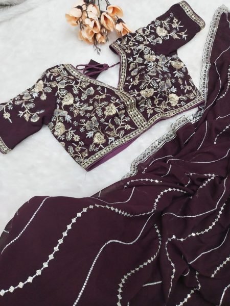 Stylish Soft Georgette Wine Designer Party Wear Saree with Fine Embroidery   Sequins Embroidery Sarees Wholesale