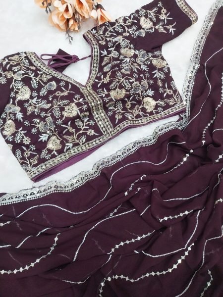 Stylish Soft Georgette Wine Designer Party Wear Saree with Fine Embroidery   Sequins Embroidery Sarees Wholesale