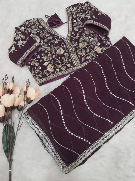 Stylish Soft Georgette Wine Designer Party Wear Saree with Fine Embroidery   Sequins Embroidery Sarees Wholesale