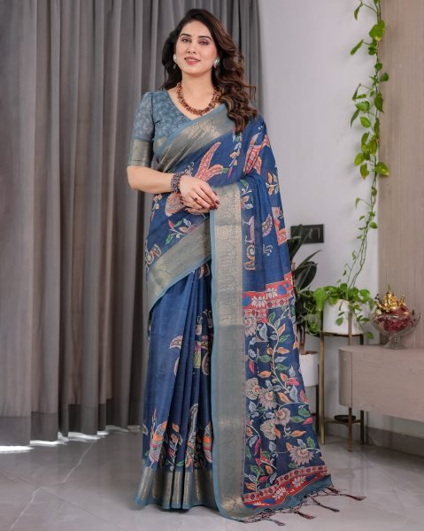 Stylish Teal Blue Digital Floral Linen Saree with Tassel Pallu at Low Price Printed Cotton Sarees Wholesale