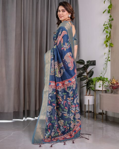 Stylish Teal Blue Digital Floral Linen Saree with Tassel Pallu at Low Price Printed Cotton Sarees Wholesale