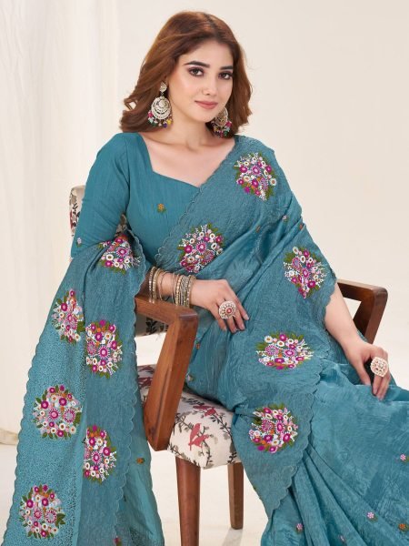 Stylish Teal Blue Gold Crush Silk Saree with Embroidery Work for Weddings Sarees 