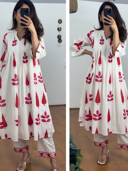Summer Collection 100  % Pure Mul Cotton Kurta Set with Soft Lining  Pockets Handcrafted White Printed Set for Women Ready to Wear from Surat Exporter Cotton Kurtis Wholesale