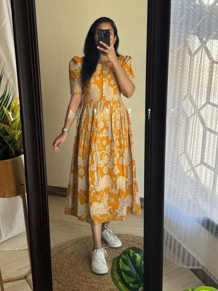 Summer Collection Beautiful Flower Print Cotton Fancy Gown Kurti For Women 