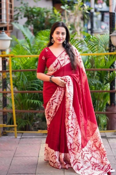 Summer Collection Premium Khadi Cotton Red Saree Printed Cotton Sarees Wholesale