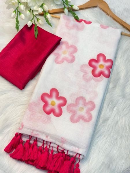 Summer Collection White And Red Mulmul Cotton Floral Design Saree  Cotton Sarees Wholesale