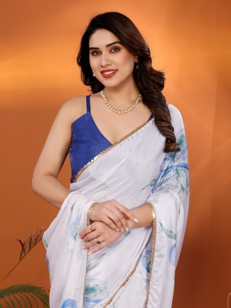 Summer Collection White   Blue Floral Printed Chiffon Saree Pure Chiffon Sarees Wholesale