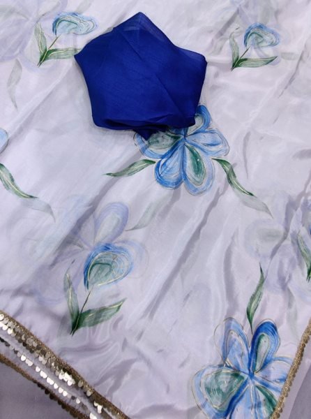 Summer Collection White   Blue Floral Printed Chiffon Saree Pure Chiffon Sarees Wholesale