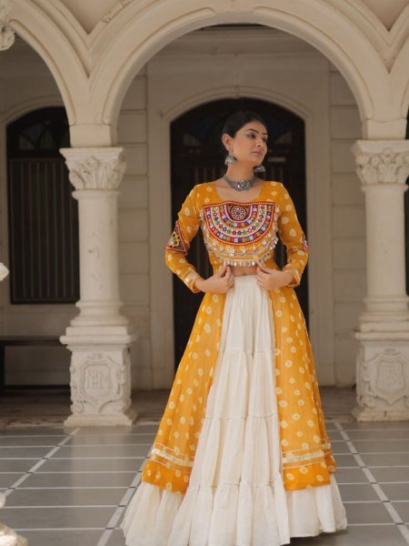 Sun Yellow Faux Georgette Kurti with Embroidered Cotton Lehenga Festive Navratri Wear Navratri Collection
