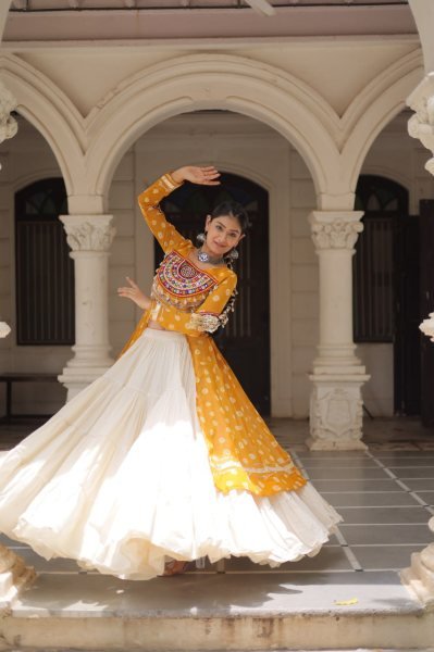 Sun Yellow Faux Georgette Kurti with Embroidered Cotton Lehenga Festive Navratri Wear Navratri Collection