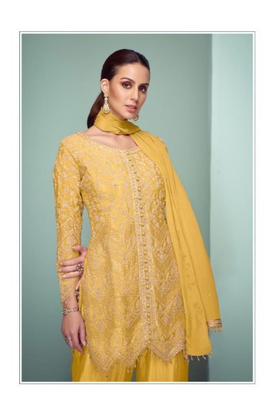 SunAura Chinon Suit Set Haldi Yellow Palazzo Outfit with Embroidered Dupatta Set Designer Plazzo Salwar Suits Wholesale
